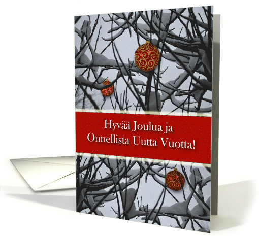 Hyvaa joulua Finnish Christmas with Red Gold Ornaments in Snow card