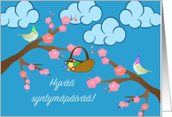 Birthday in Finnish with Party Birds and Cherry Blossoms card