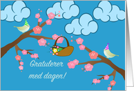 Norwegian Birthday with Party Birds and Cherry Blossoms card