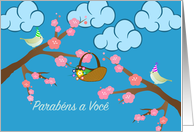 Portuguese Birthday with Birds in Party Hats and Cherry Blossoms card