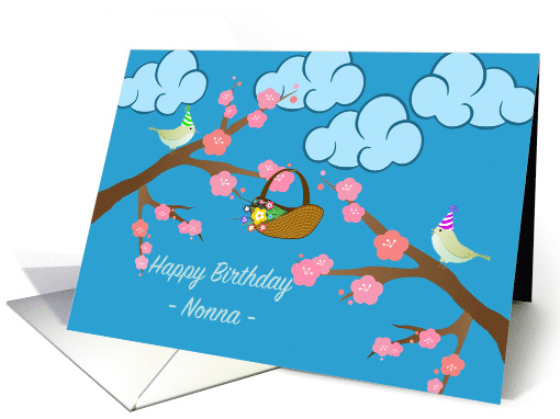 Nonna Birthday with Flowering Tree and Birds in Party Hats card