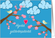 Valentine’s Day in Finnish with Love Birds in Cherry Tree with Heart card