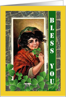 St. Patrick’s Day Vintage Irish Girl with Shamrocks and Blessing card