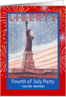 Fourth of July Party Invitation with Statue of Liberty and Fireworks card