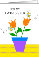 Birthday Twin Sister with Two Orange Tulips and Twin Bees card