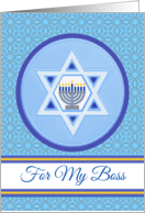 Boss Hanukkah Wishes with Menorah and Star of David card