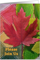 Fall Picnic Invitation with Red Maple and Elm Leaves on Tablecloth card