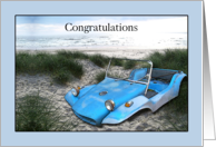 Getting New Car Congratulations with Old Dune Buggy on Beach card