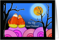 Halloween for Husband with Candy Corn Couple in Moonlight card