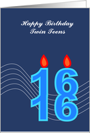 Happy Birthday twin teens, candle shape with 16 on top of another 16 card