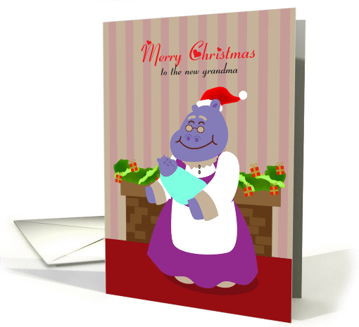 Merry Christmas to new hippopotamus grandma hold a baby card (886535)