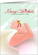 Merry Christmas to new grandparents, baby legs tie with ribbon & bells card