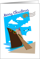 Merry Christmas, cruise line with wreath park on jetty. card