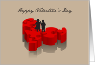 Valentine’s Day, couple standing on heart shaped puzzle. card