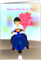 motorcycle valentine, a young man riding on a motorcycle with balloons card