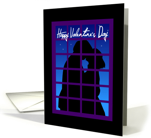Happy Valentine's Day, a couple kissing outside the window. card