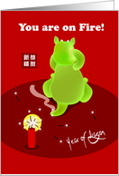 happy chinese new year, dragon playing fire cracker & his tail on fire card