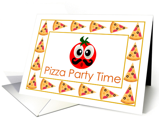 pizza party time, invitation, tomato cartoon face card (952769)