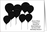 Over the Hill 50th Birthday, black balloons on white background card