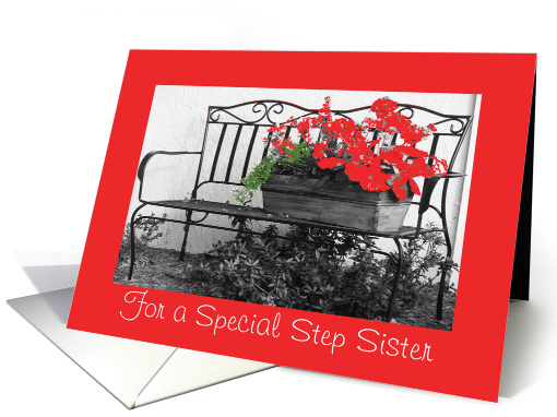 Birthday, Step sister, bench & flowers card (374061)