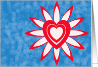 Red & white flower with hearts on blue card