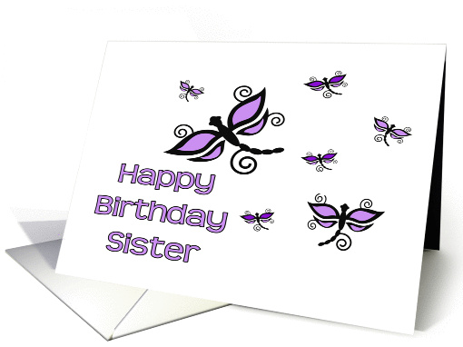 Happy Birthday Sister, Purple & Black Dragonflies with Swirls card