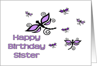 Happy Birthday Sister, Purple & Black Dragonflies with Swirls card