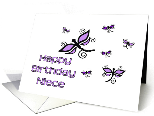 Happy Birthday Niece, Purple & Black Dragonflies with Swirls card