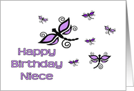 Happy Birthday Niece, Purple & Black Dragonflies with Swirls card