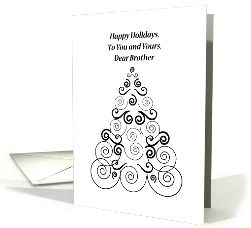 Happy Holidays to Brother & His, Black and white tree of swirls card