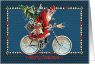 Santa Riding His Bicycle with Toys and Christmas Tree Merry Christmas card