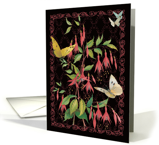 Fuchsia & Butterflies Blank Floral Note card (1574236)