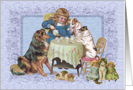 Little Girl sharing a Tea Party with her Doggie Friends Blank Note card