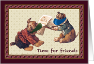 Friendship and Learning in Covid 19 Masks Two Puppies Sharing a Book card