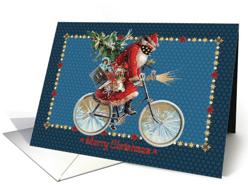 Vintage Santa Riding a Bike with Toys Wearing a Protective Mask card