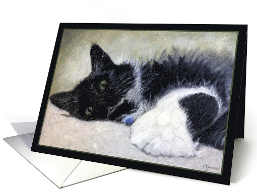 Black and White Household Kitty Original Oil Painting Blank Note card
