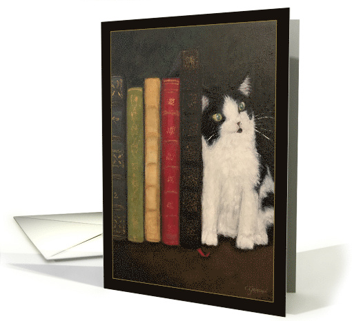 Kitty Standing with Antique Books Original Oil Painting... (1675344)