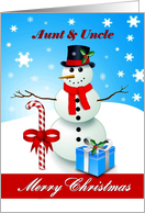 Aunt & Uncle / Merry Christmas - Snowman with a candy-cane and gift card