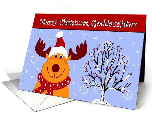 Goddaughter / Merry Christmas - Reindeer in a Santa Hat card (1305726)