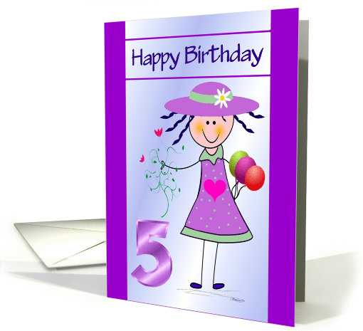 5th Birthday - Stick Girl in a Purple Dress and Hat with Balloons card