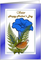 Sister Happy Mother’s Day ~ Blue Flowers/Ferns/Bird card