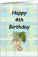 4th Birthday Cute Monkey on Blue Green Plaid card
