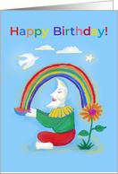 Happy Birthday Colorful Moon Head Holding Rainbow card