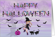 Happy Halloween-witch, cats, bats card