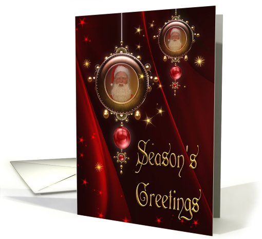 Season's Greetings- Santa, Bauble, Ornament, Christmas, Holiday, card