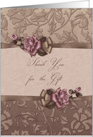 Thank you for wedding gift, pink roses on tan ribbon card