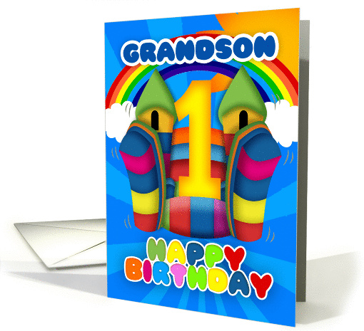 Grandson 1st Birthday Card With Bouncy Castle And Rainbow card