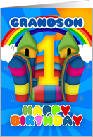 Grandson 1st Birthday Card With Bouncy Castle And Rainbow card