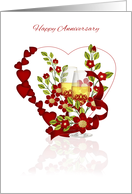 Red Wedding Anniversary With Champagne And Flowers card