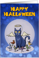 Happy Halloween Angelic Cat with monster birds card